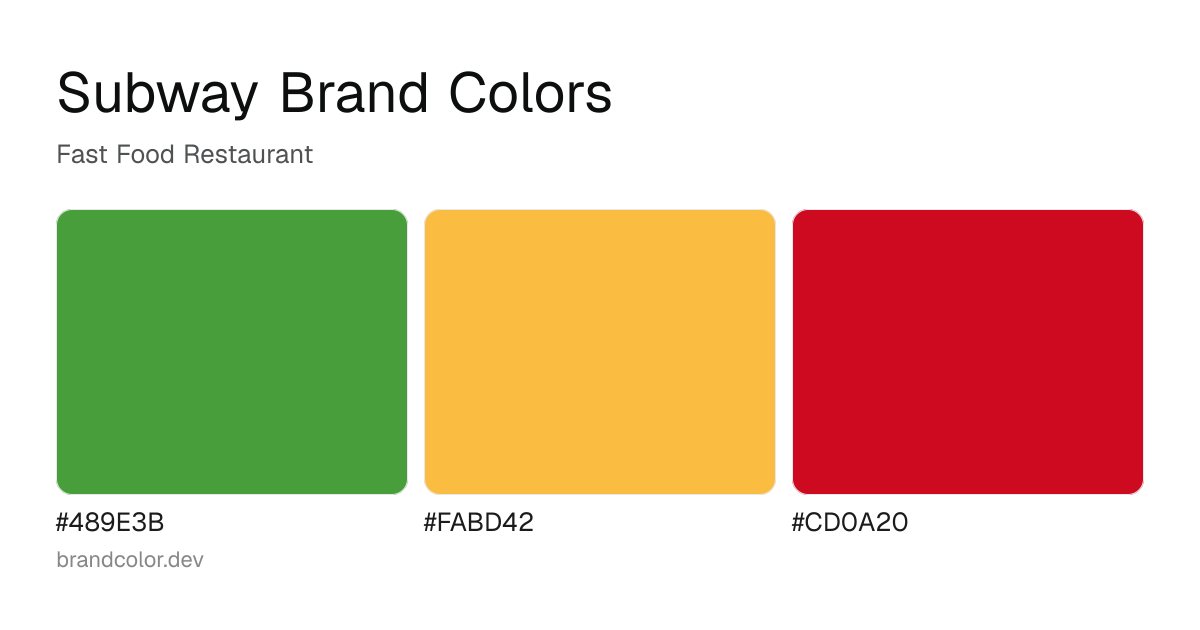 Subway brand color palette with hex codes: #489E3B, #FABD42, #CD0A20