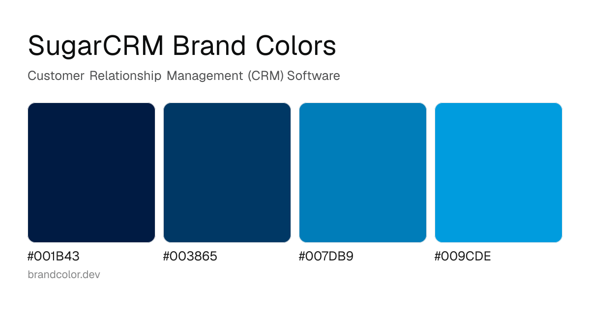 SugarCRM brand color palette with hex codes: #001B43, #003865, #007DB9, #009CDE