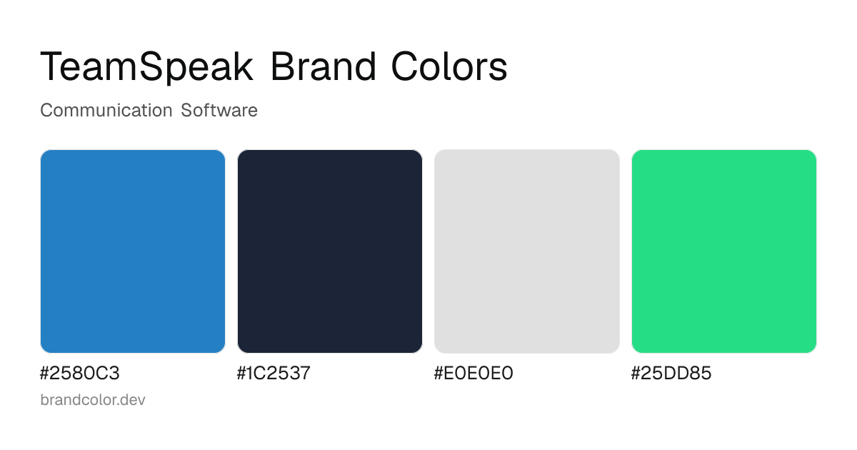 TeamSpeak brand color palette with hex codes: #2580C3, #1C2537, #E0E0E0, #25DD85