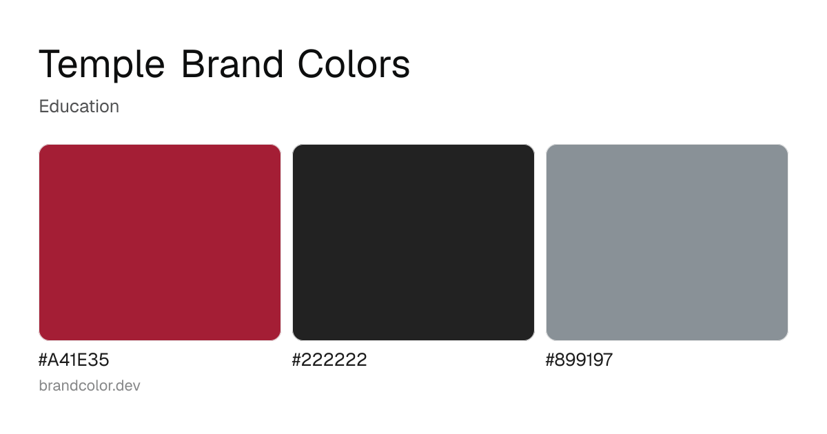 Temple brand color palette with hex codes: #A41E35, #222222, #899197