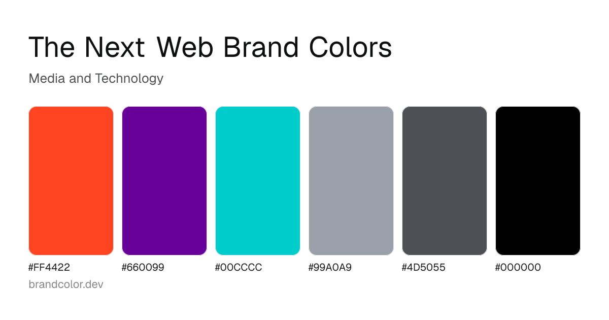 The Next Web brand color palette with hex codes: #FF4422, #660099, #00CCCC, #99A0A9, #4D5055, #000000