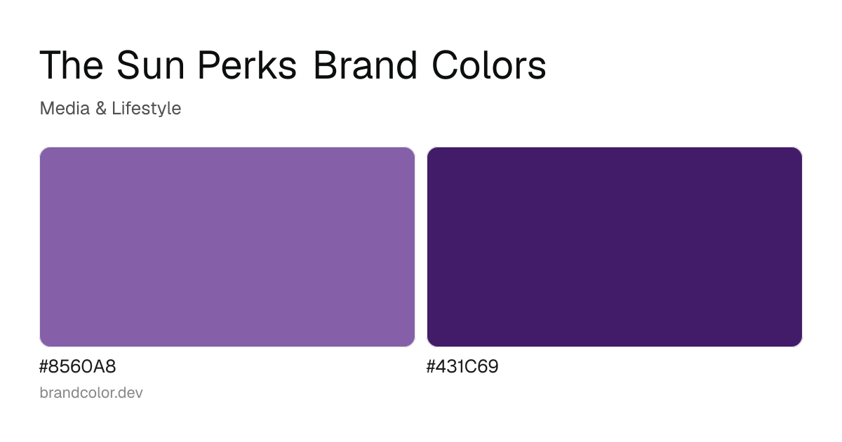 The Sun Perks brand color palette with hex codes: #8560A8, #431C69