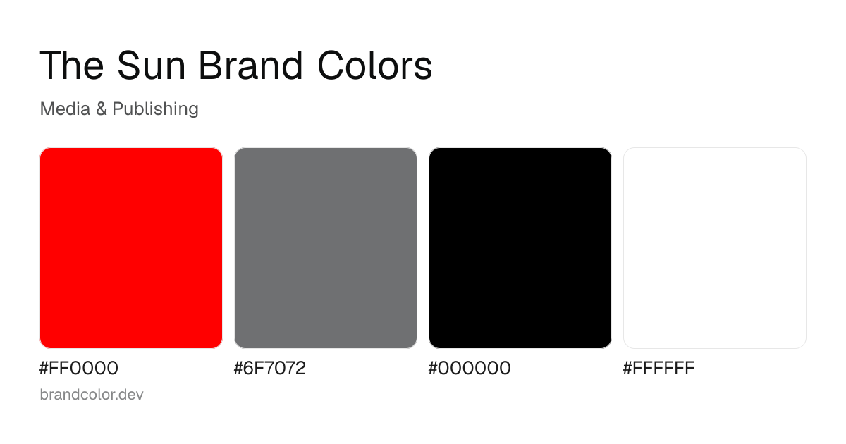 The Sun brand color palette with hex codes: #FF0000, #6F7072, #000000, #FFFFFF