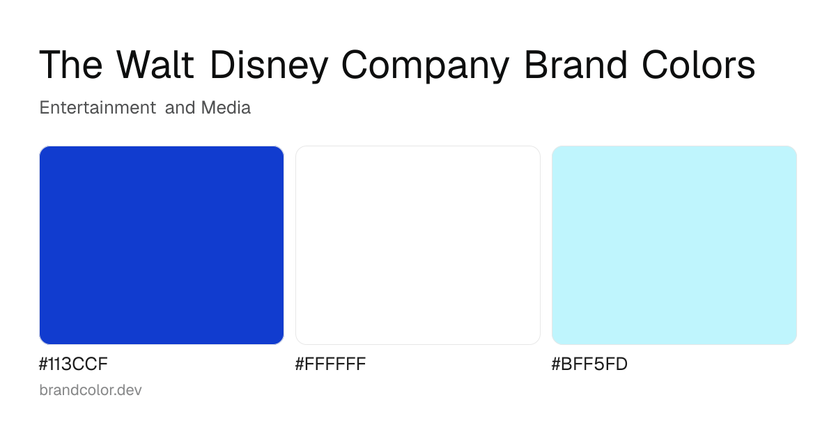 The Walt Disney Company brand color palette with hex codes: #113CCF, #FFFFFF, #BFF5FD