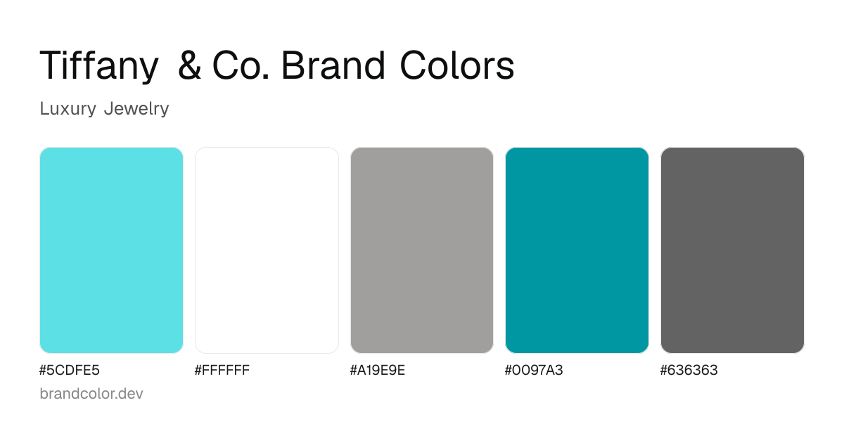 Tiffany & Co. brand color palette with hex codes: #5CDFE5, #FFFFFF, #A19E9E, #0097A3, #636363