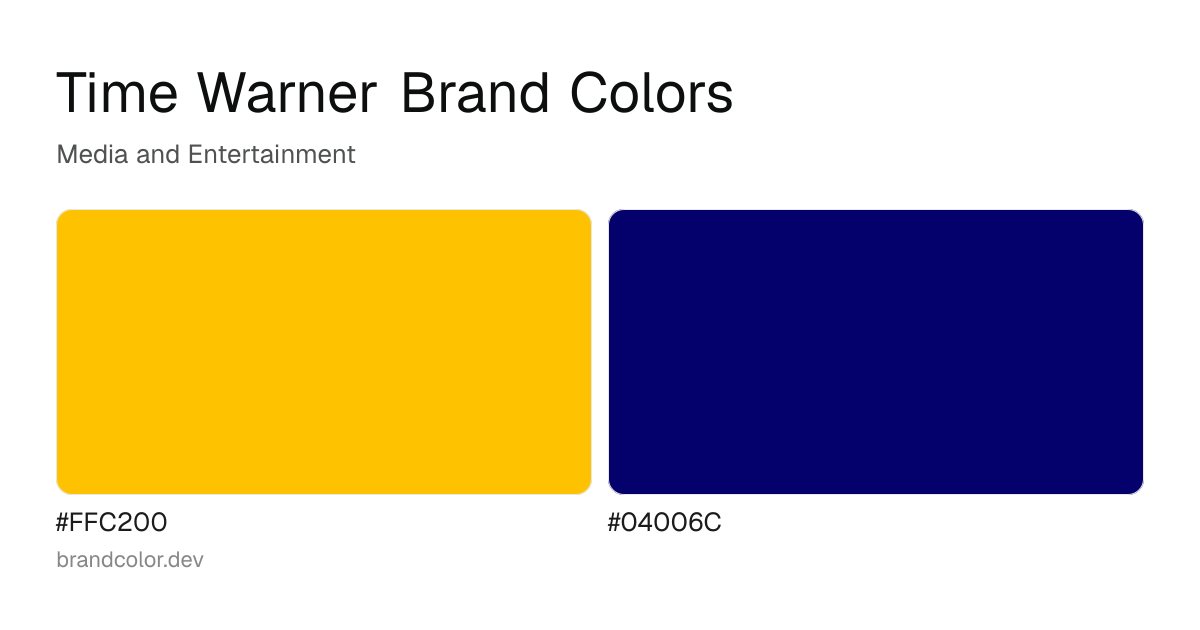 Time Warner brand color palette with hex codes: #FFC200, #04006C