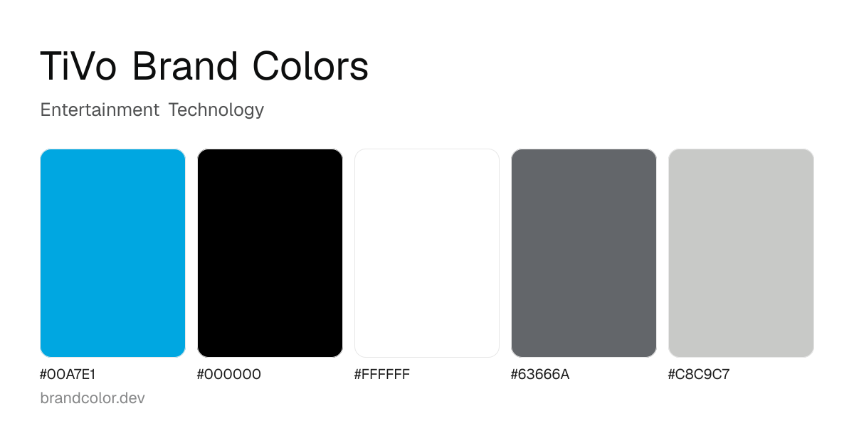 TiVo brand color palette with hex codes: #00A7E1, #000000, #FFFFFF, #63666A, #C8C9C7