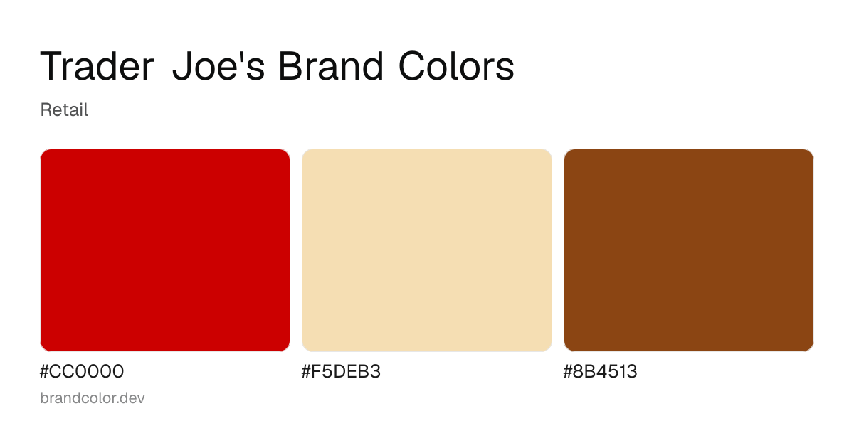 Trader Joe's brand color palette with hex codes: #CC0000, #F5DEB3, #8B4513