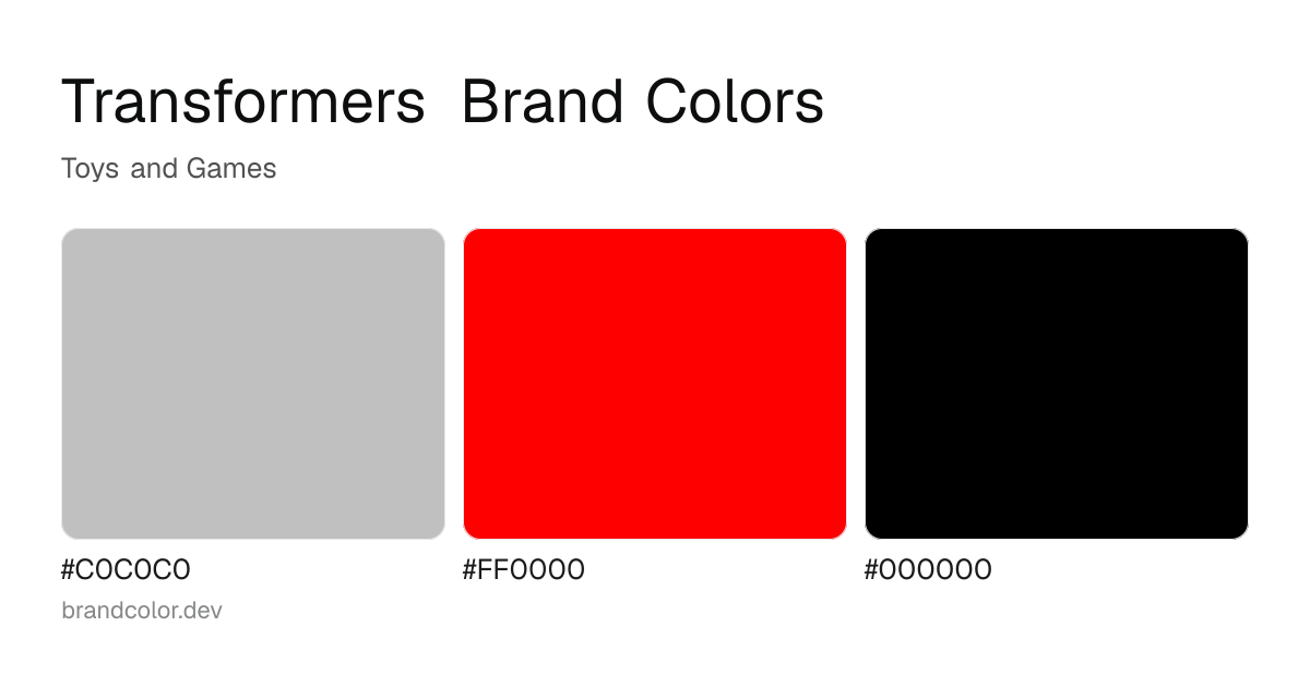 Transformers brand color palette with hex codes: #C0C0C0, #FF0000, #000000