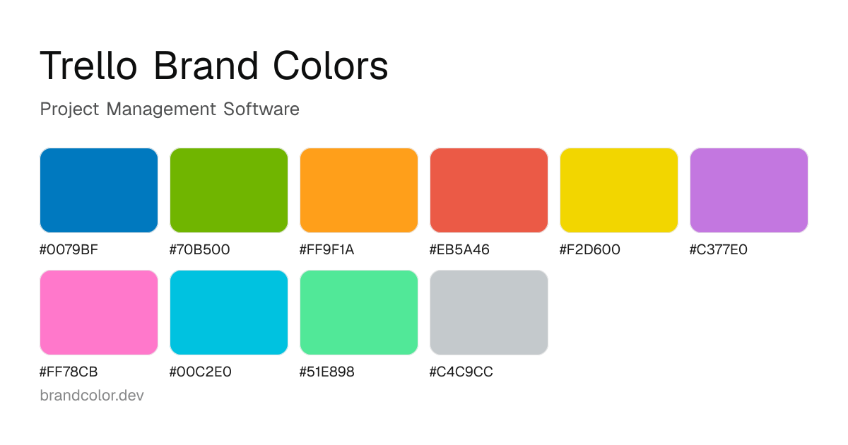 Trello brand color palette with hex codes: #0079BF, #70B500, #FF9F1A, #EB5A46, #F2D600, #C377E0, #FF78CB, #00C2E0, #51E898, #C4C9CC