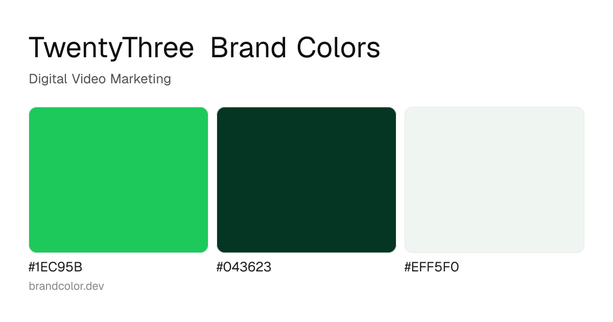 TwentyThree brand color palette with hex codes: #1EC95B, #043623, #EFF5F0