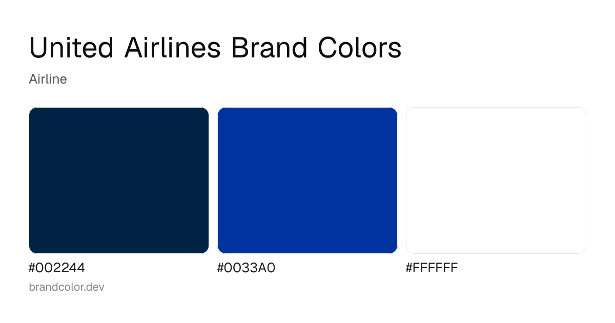 United Airlines brand color palette with hex codes: #002244, #0033A0, #FFFFFF