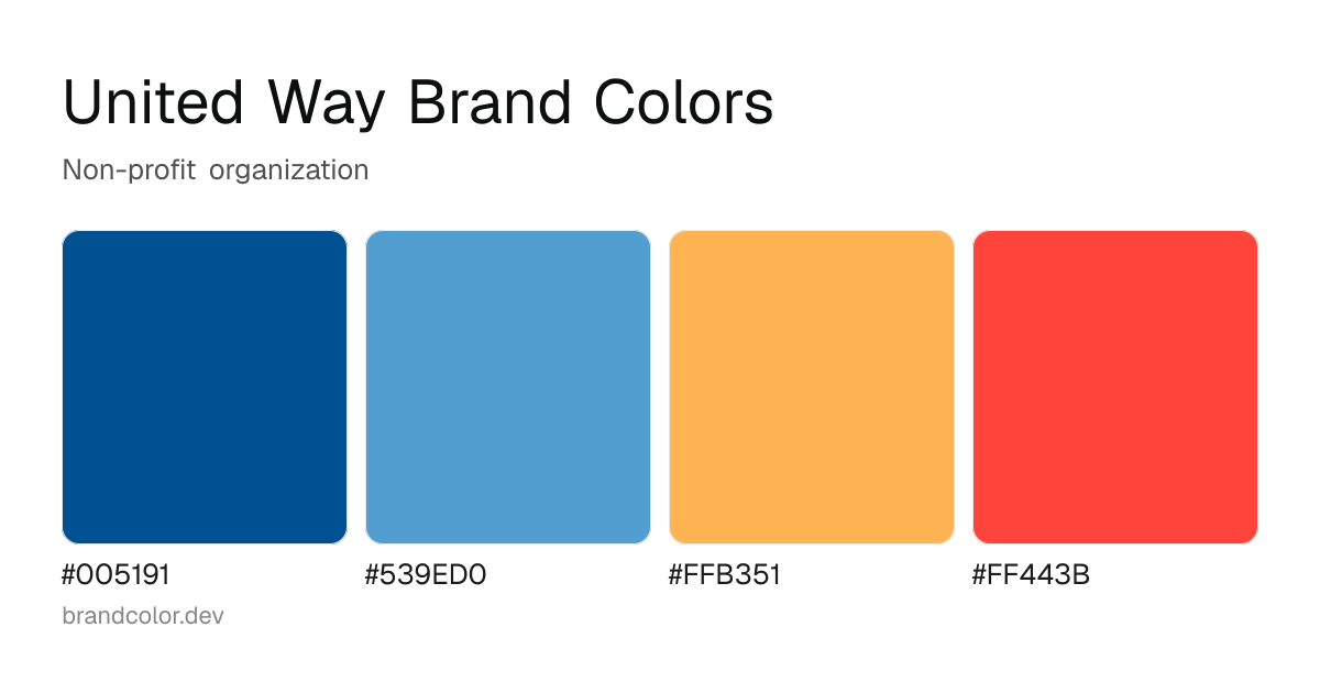 United Way brand color palette with hex codes: #005191, #539ED0, #FFB351, #FF443B