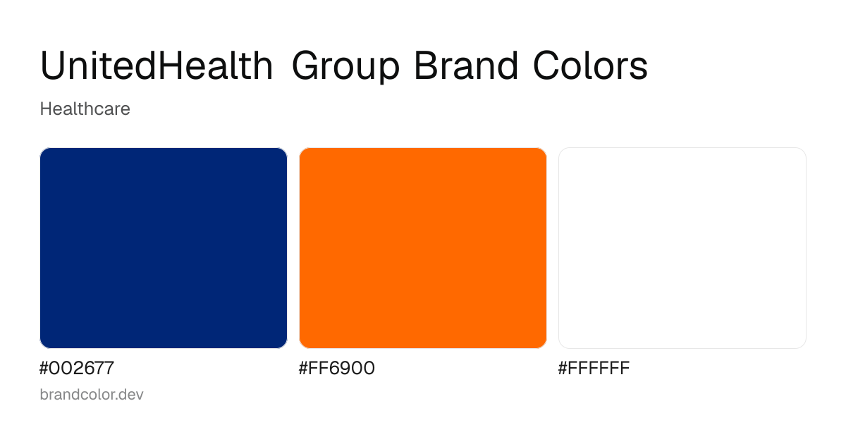 UnitedHealth Group brand color palette with hex codes: #002677, #FF6900, #FFFFFF