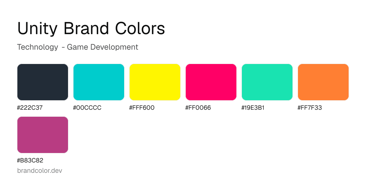 Unity brand color palette with hex codes: #222C37, #00CCCC, #FFF600, #FF0066, #19E3B1, #FF7F33, #B83C82
