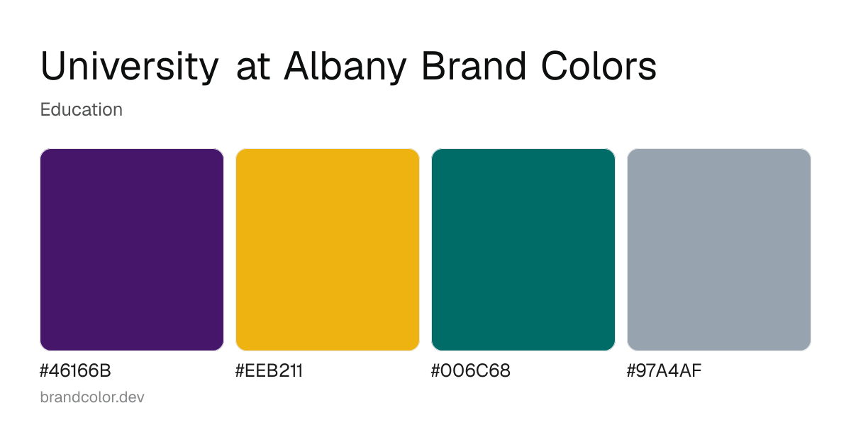 University at Albany brand color palette with hex codes: #46166B, #EEB211, #006C68, #97A4AF