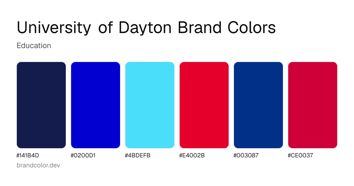 University of Dayton brand color palette with hex codes: #141B4D, #0200D1, #4BDEFB, #E4002B, #003087, #CE0037