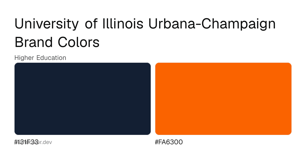 University of Illinois Urbana-Champaign brand color palette with hex codes: #131F33, #FA6300