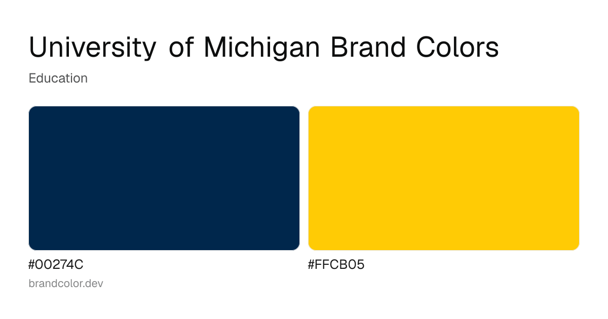 University of Michigan brand color palette with hex codes: #00274C, #FFCB05