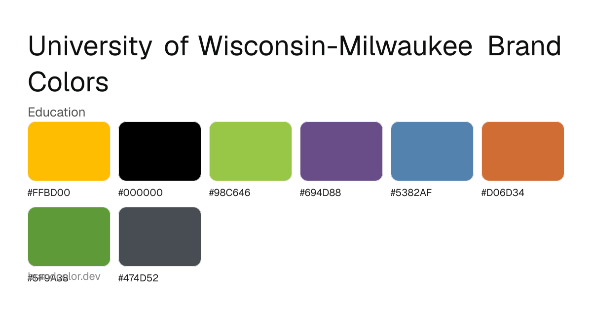 University of Wisconsin-Milwaukee brand color palette with hex codes: #FFBD00, #000000, #98C646, #694D88, #5382AF, #D06D34, #5F9A38, #474D52