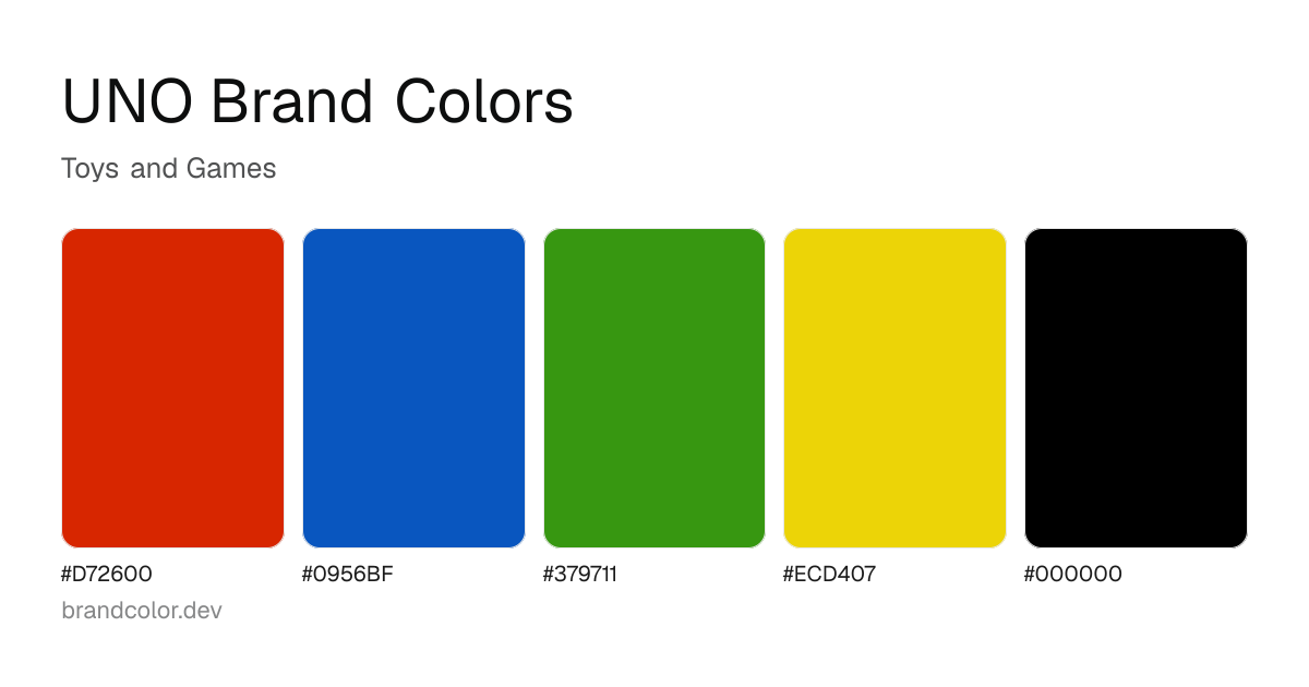 UNO brand color palette with hex codes: #D72600, #0956BF, #379711, #ECD407, #000000