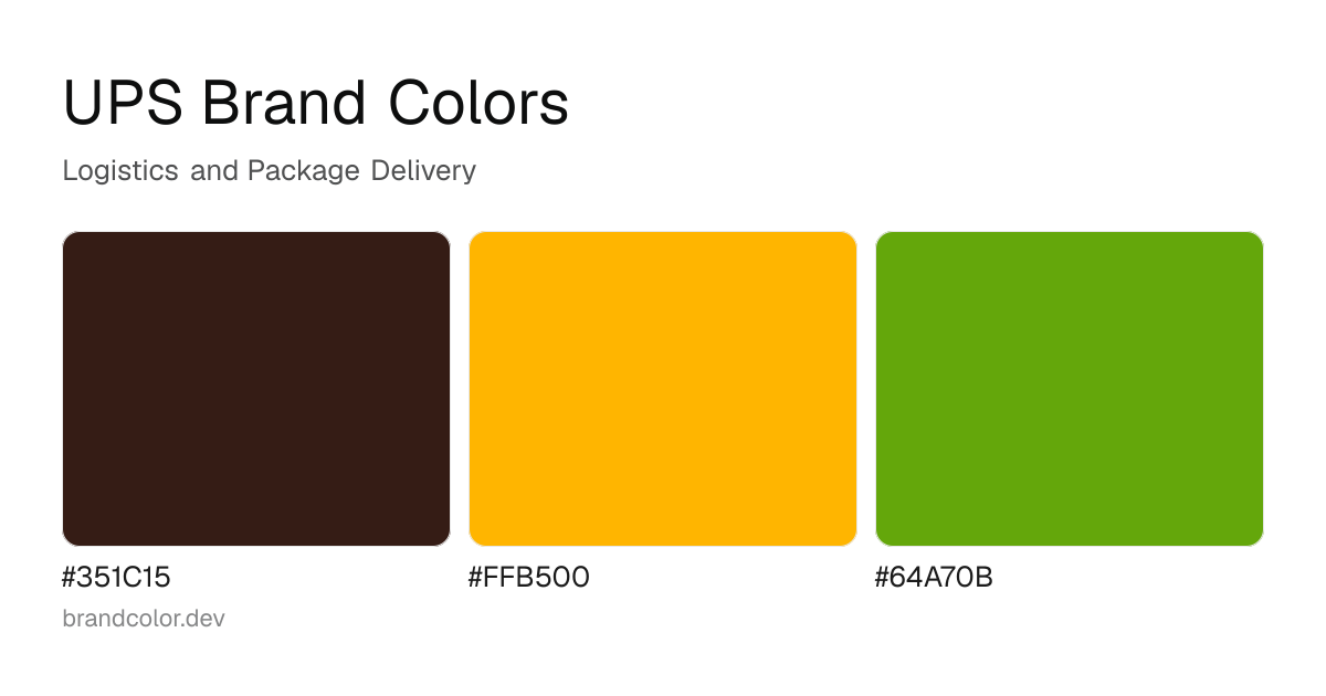 UPS brand color palette with hex codes: #351C15, #FFB500, #64A70B