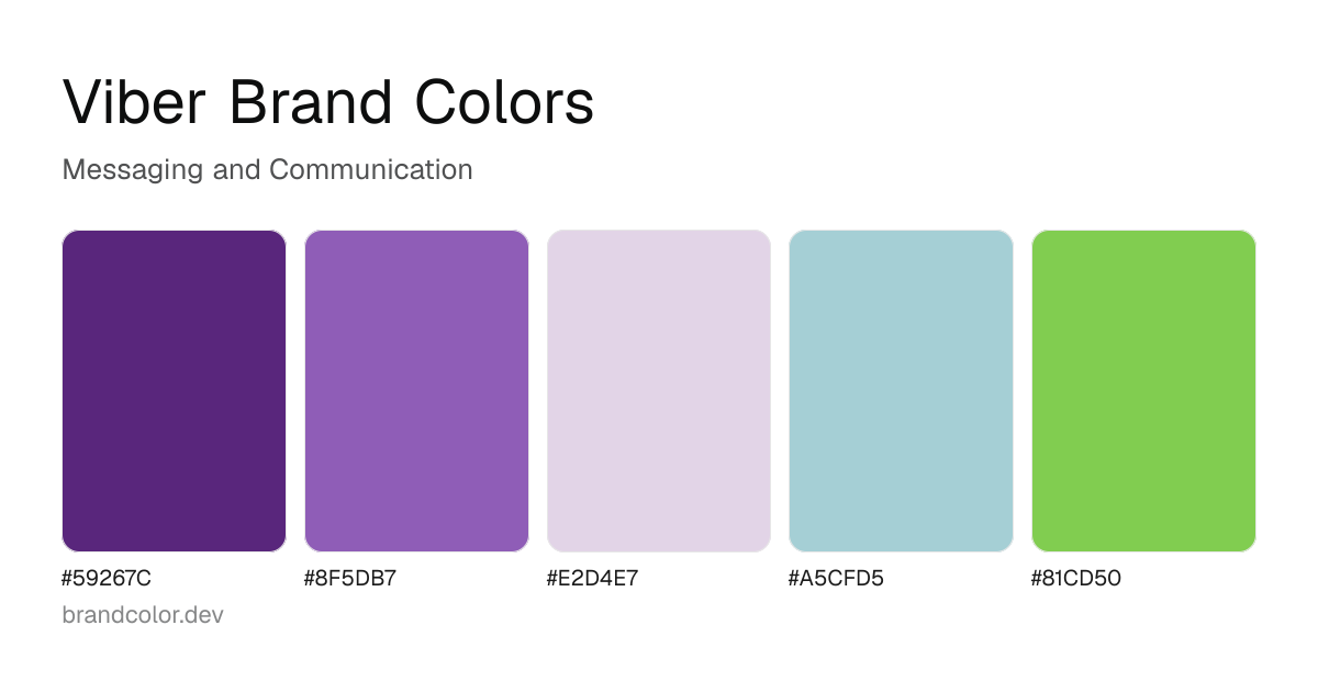 Viber brand color palette with hex codes: #59267C, #8F5DB7, #E2D4E7, #A5CFD5, #81CD50