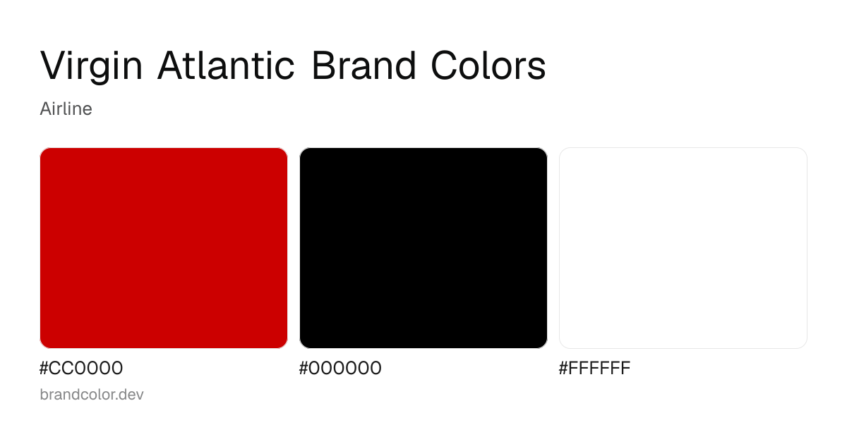 Virgin Atlantic brand color palette with hex codes: #CC0000, #000000, #FFFFFF