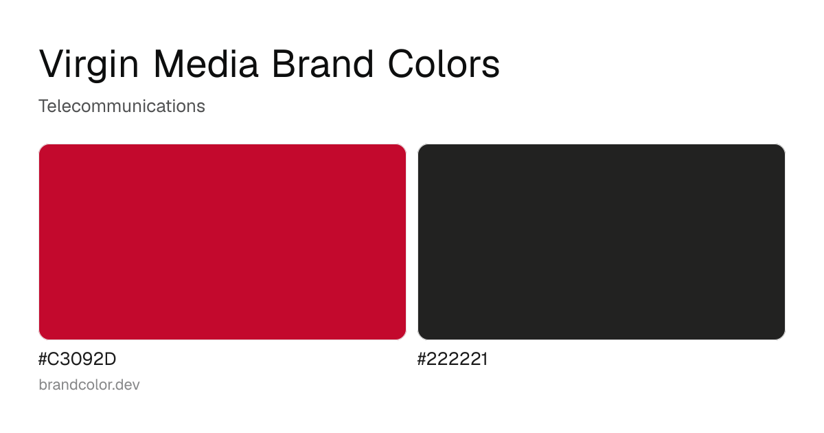 Virgin Media brand color palette with hex codes: #C3092D, #222221