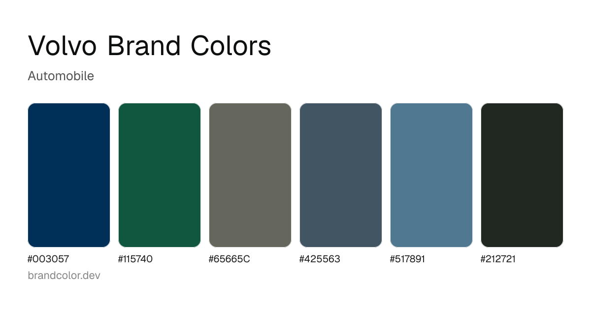 Volvo brand color palette with hex codes: #003057, #115740, #65665C, #425563, #517891, #212721