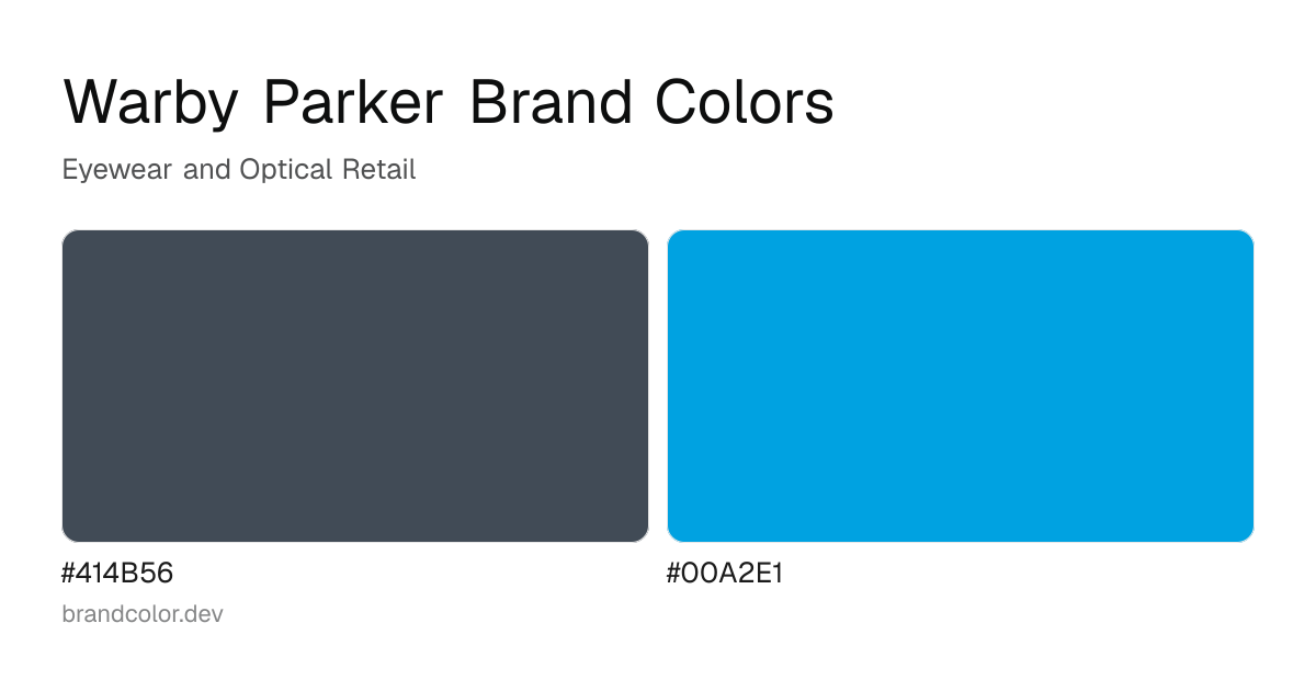 Warby Parker brand color palette with hex codes: #414B56, #00A2E1