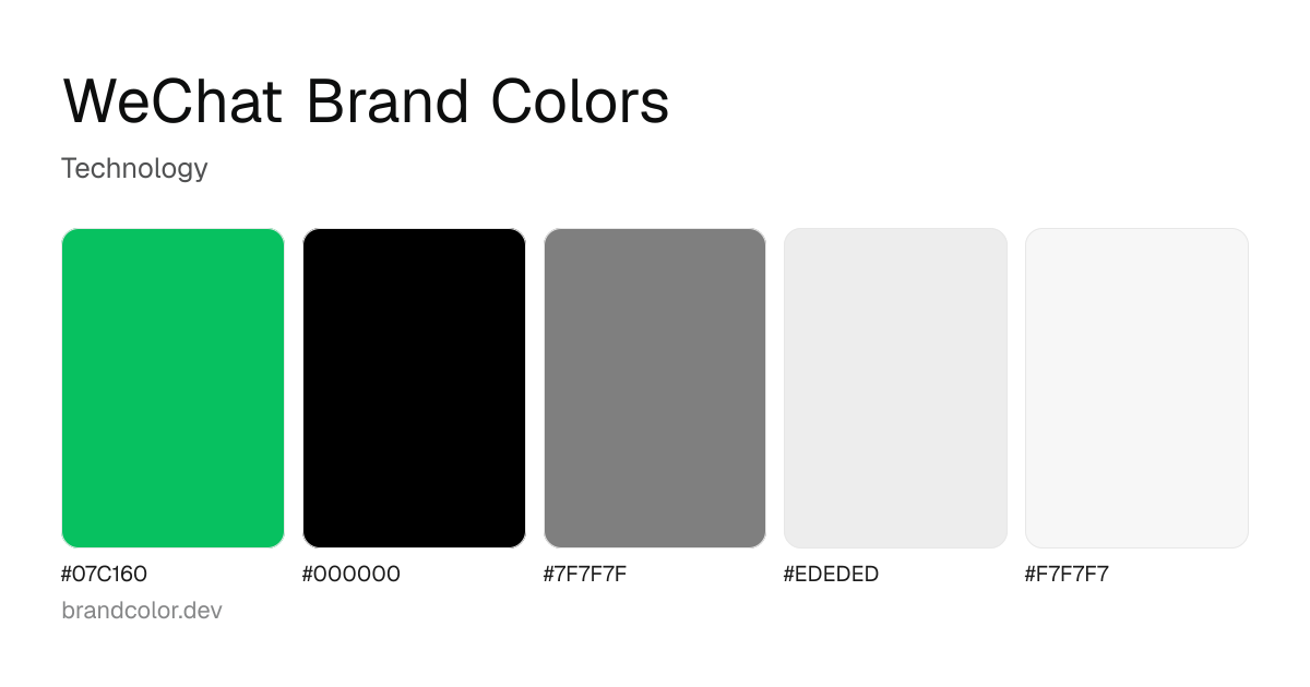 WeChat brand color palette with hex codes: #07C160, #000000, #7F7F7F, #EDEDED, #F7F7F7