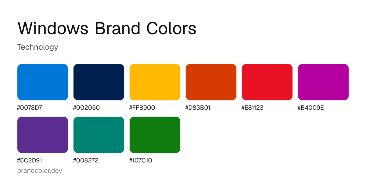 Windows brand color palette with hex codes: #0078D7, #002050, #FFB900, #D83B01, #E81123, #B4009E, #5C2D91, #008272, #107C10
