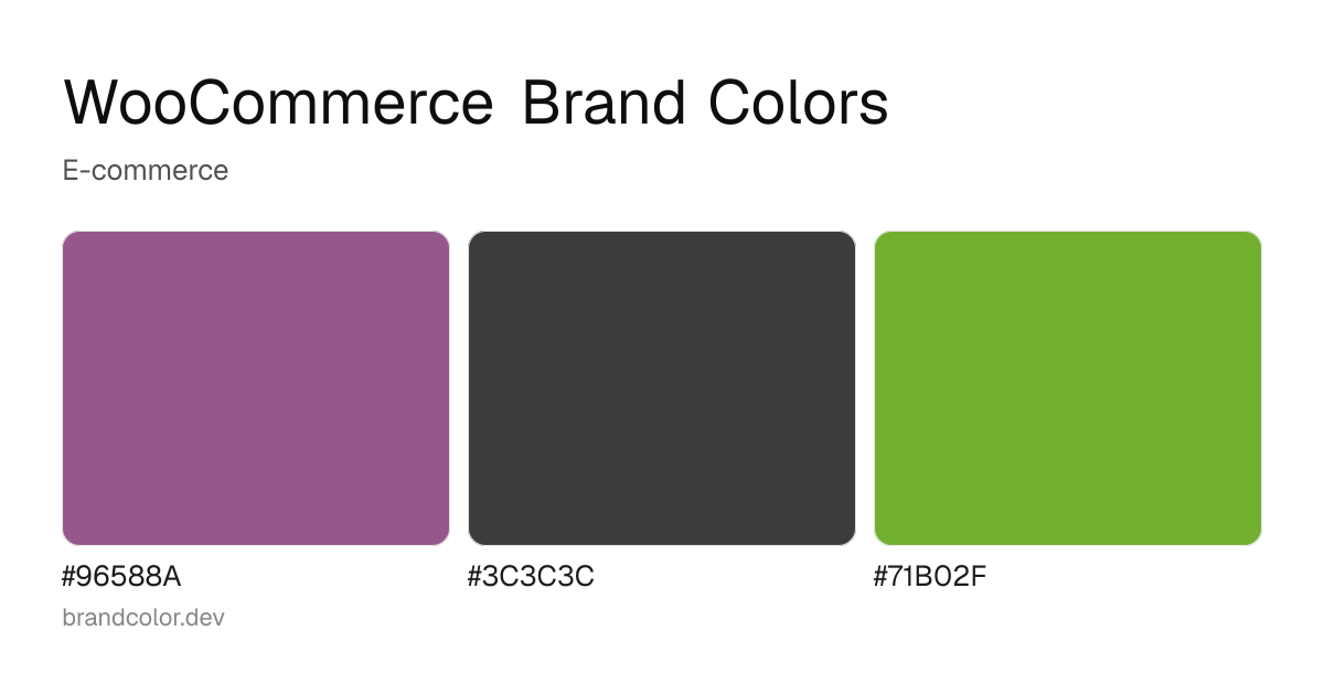 WooCommerce brand color palette with hex codes: #96588A, #3C3C3C, #71B02F