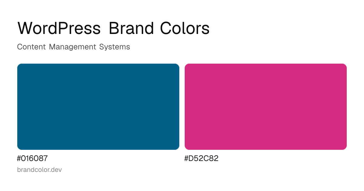 WordPress brand color palette with hex codes: #016087, #D52C82