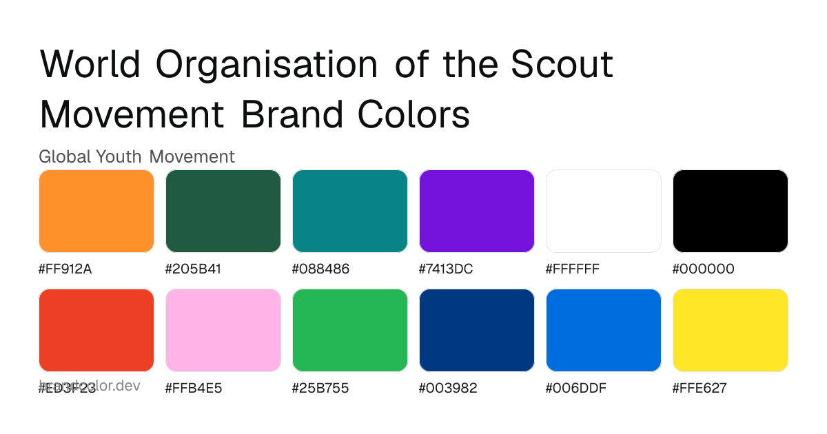 World Organisation of the Scout Movement brand color palette with hex codes: #FF912A, #205B41, #088486, #7413DC, #FFFFFF, #000000, #ED3F23, #FFB4E5, #25B755, #003982, #006DDF, #FFE627