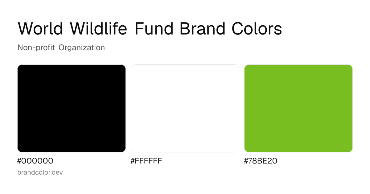 World Wildlife Fund brand color palette with hex codes: #000000, #FFFFFF, #78BE20