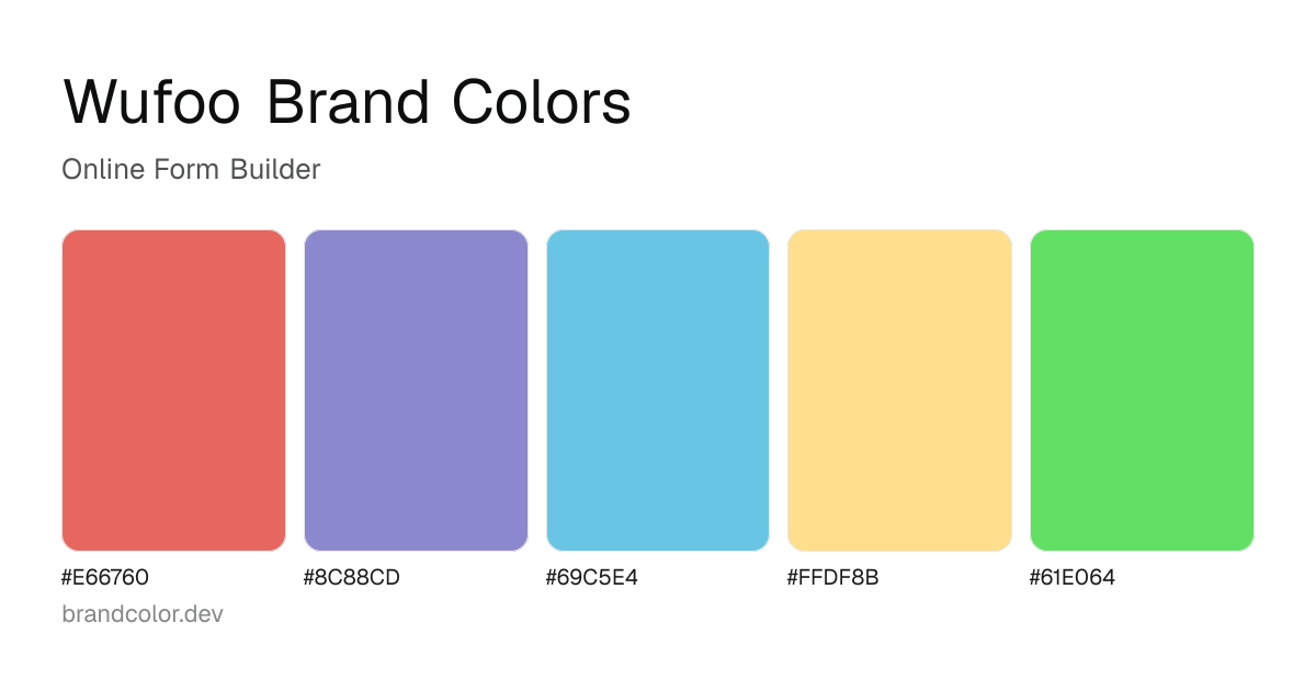 Wufoo brand color palette with hex codes: #E66760, #8C88CD, #69C5E4, #FFDF8B, #61E064
