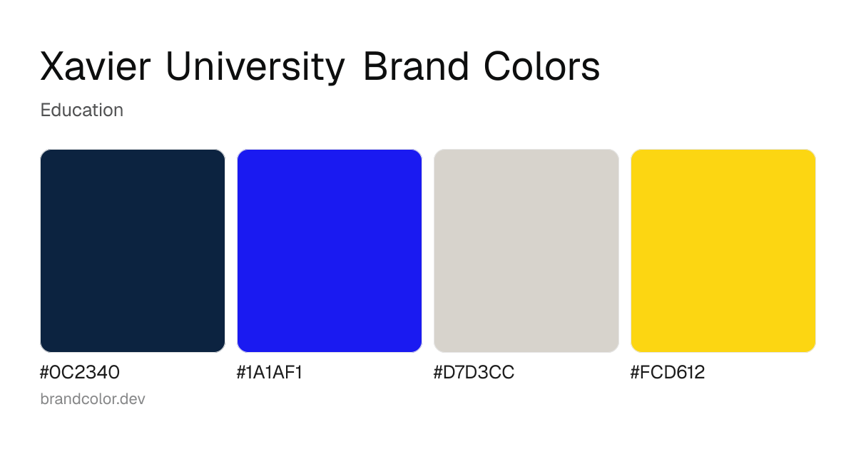 Xavier University brand color palette with hex codes: #0C2340, #1A1AF1, #D7D3CC, #FCD612
