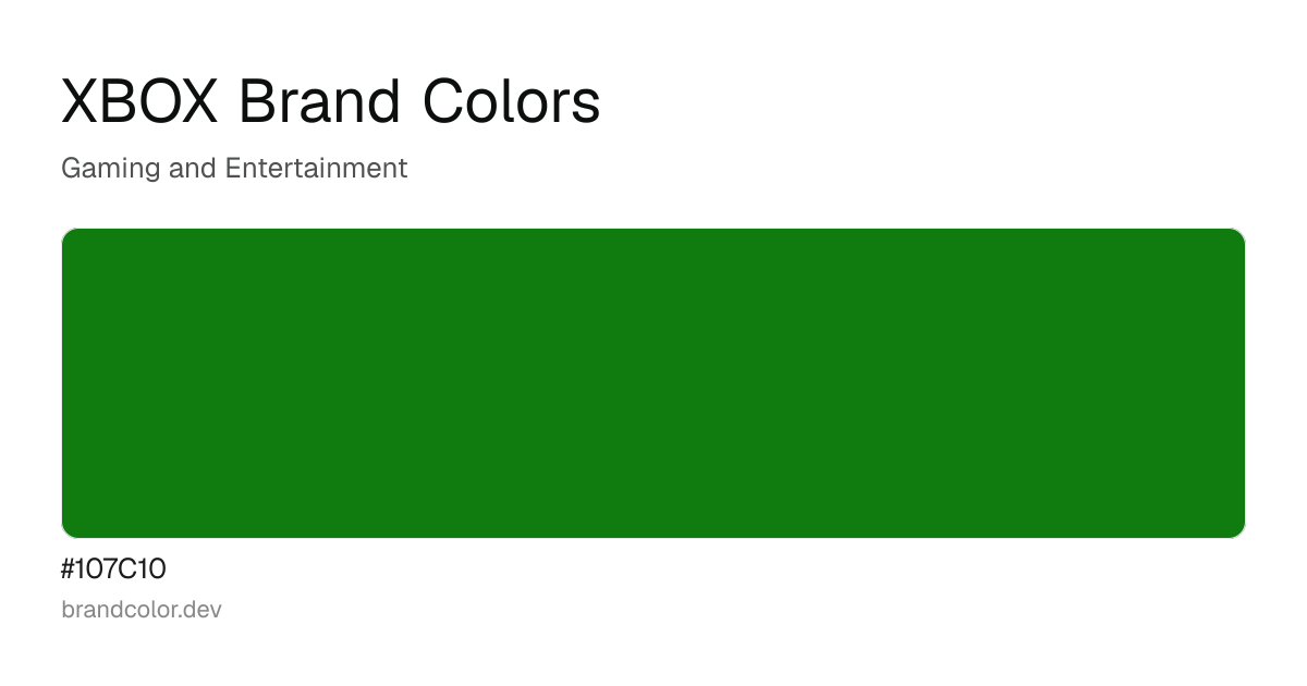 XBOX brand color palette with hex codes: #107C10