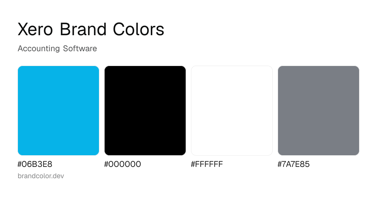Xero brand color palette with hex codes: #06B3E8, #000000, #FFFFFF, #7A7E85