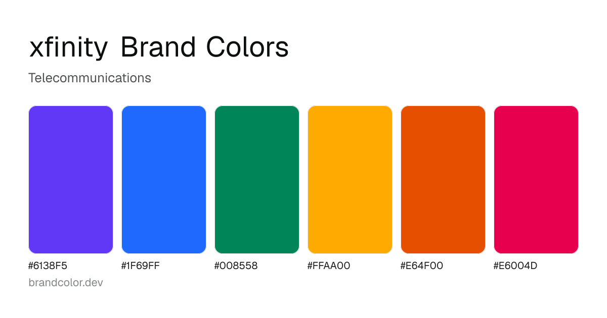 xfinity brand color palette with hex codes: #6138F5, #1F69FF, #008558, #FFAA00, #E64F00, #E6004D