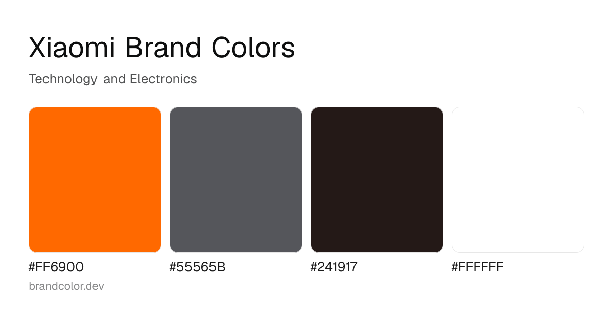Xiaomi brand color palette with hex codes: #FF6900, #55565B, #241917, #FFFFFF