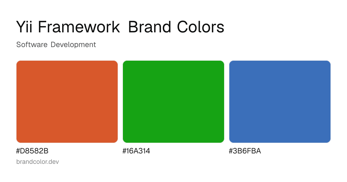 Yii Framework brand color palette with hex codes: #D8582B, #16A314, #3B6FBA