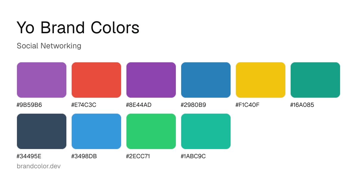 Yo brand color palette with hex codes: #9B59B6, #E74C3C, #8E44AD, #2980B9, #F1C40F, #16A085, #34495E, #3498DB, #2ECC71, #1ABC9C