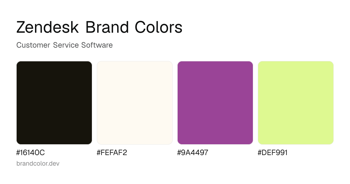 Zendesk brand color palette with hex codes: #16140C, #FEFAF2, #9A4497, #DEF991